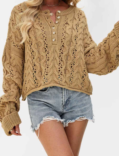 Cable Knit Round Neck Button Pullover Sweater