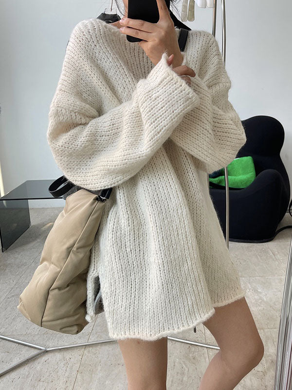 Casual Loose Long Sleeves Split-Side Solid Color High-Neck Sweater Tops