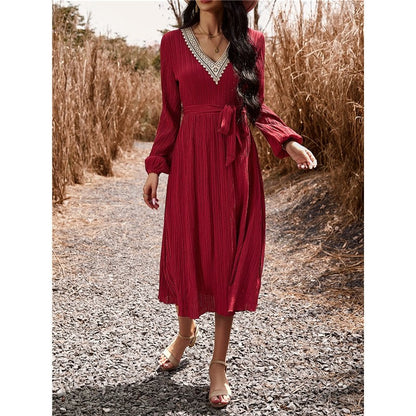 Long Sleeves V-Neck Waist Tied A-Line Midi Dress
