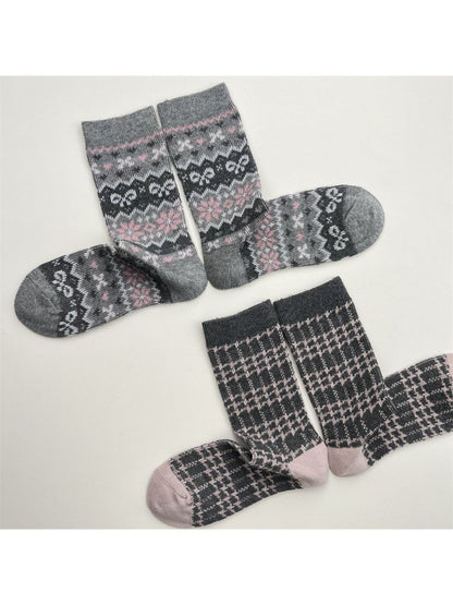 Rufia - Grey Pink Plaid Bow Mid-Crew Socks