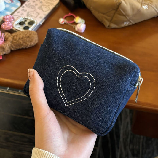 Denim Heart Embroidered Mini Coin Purse Wallets