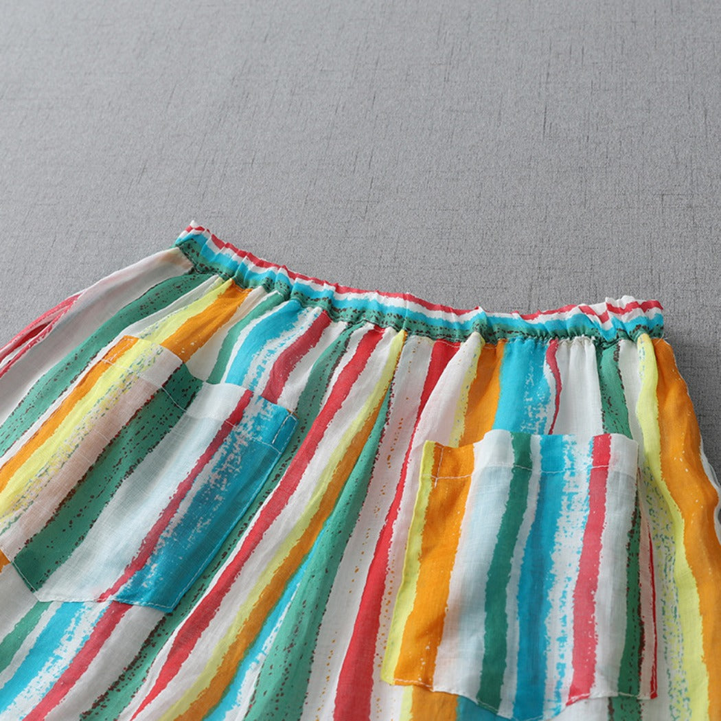 Dopamine Rainbow Stripe Pants – Airy Wide-Leg Trousers with Lining