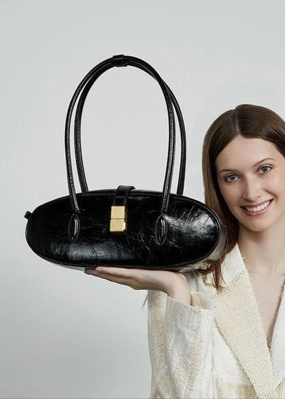 Oval Patent Leather Top Handle Structured Handbag