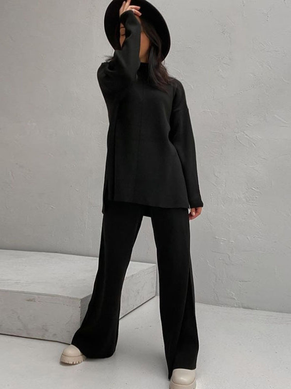 Loose Solid Color High-Neck Sweater Tops&Pants Suits