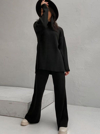 Loose Solid Color High-Neck Sweater Tops&Pants Suits