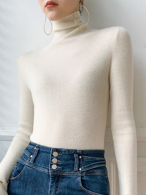 Simple Skinny Solid Color High-Neck Sweater Tops Pullovers