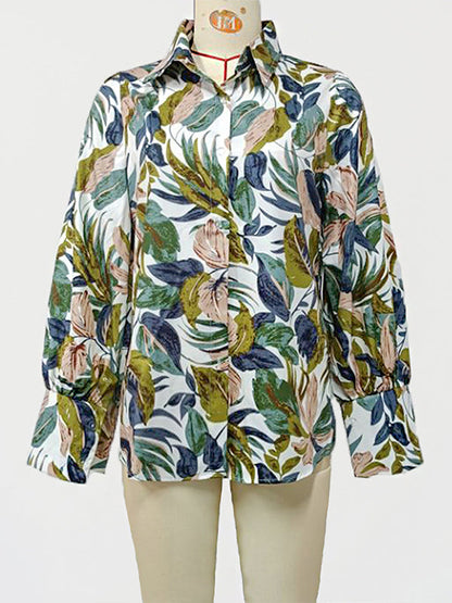 Loose Wrap Contrast Color Leaves Print Blouses&Shirts Tops