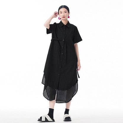 Mesh Panel Asymmetrical Collar Dress - Loose Fit, Trendy, Stylish Midi Dress With Unique Design