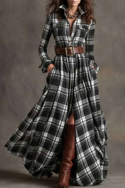 French retro waist long sleeve chiffon dress