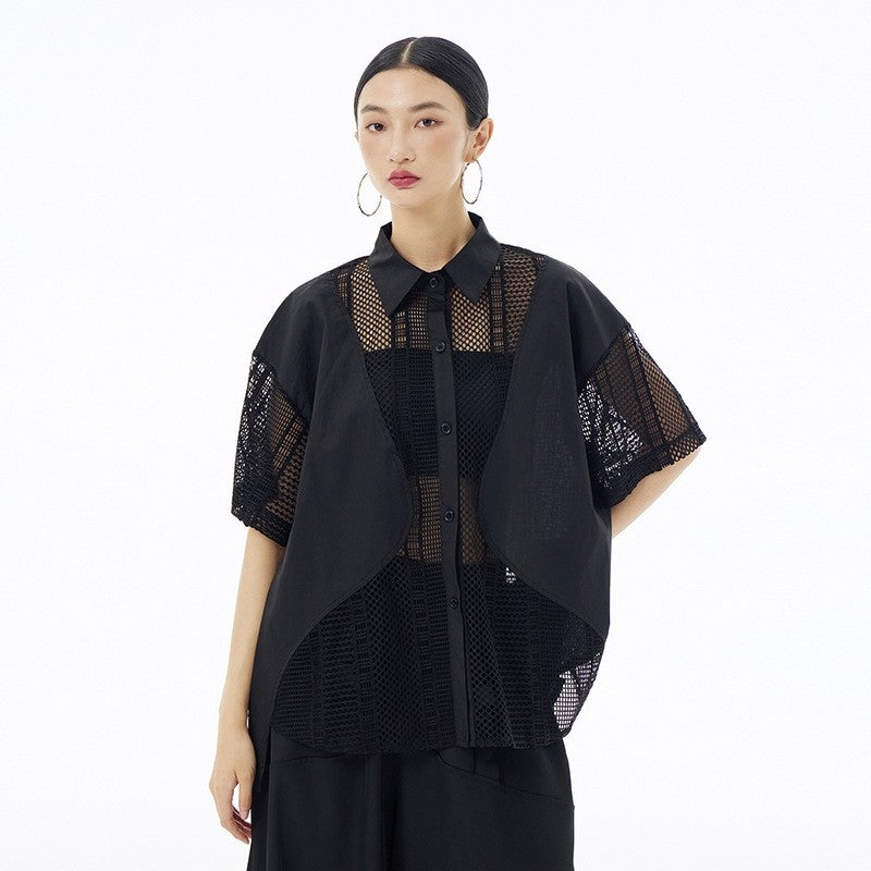 Sheer Mesh Polo Collar Short Sleeve Shirt  Loose Fit, Slimming Effect, Stylish & Versatile Top For Women