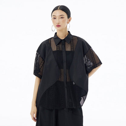 Sheer Mesh Polo Collar Short Sleeve Shirt  Loose Fit, Slimming Effect, Stylish & Versatile Top For Women