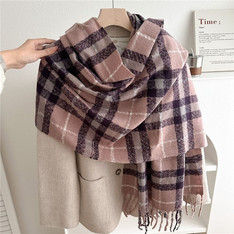 Color Block Plaid Fringe Scarf