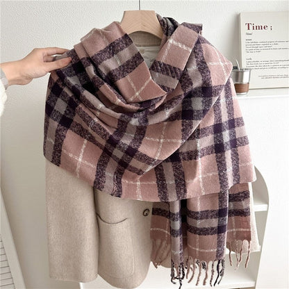 Color Block Plaid Fringe Scarf