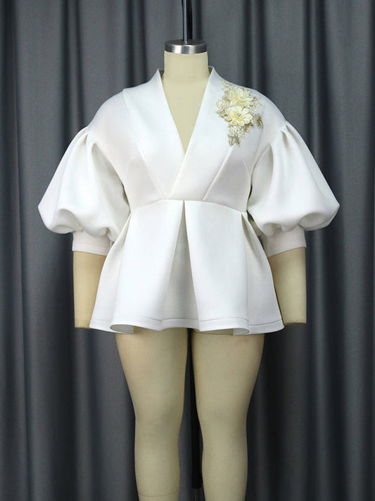 Half Sleeves Loose Asymmetric Embroidered Pleated Split-Joint Deep V-Neck Blouses&Shirts Tops