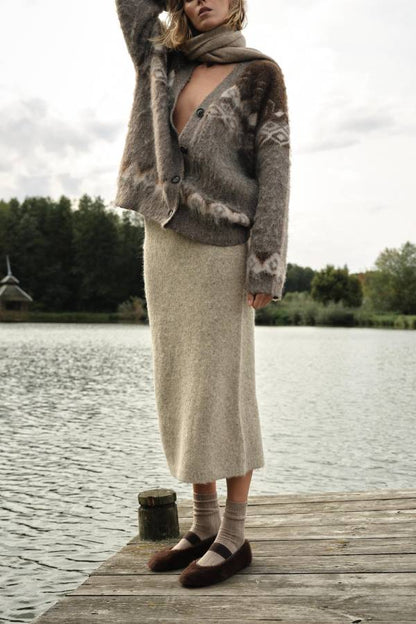 BRUSHED EFFECT JACQUARD KNIT CARDIGAN