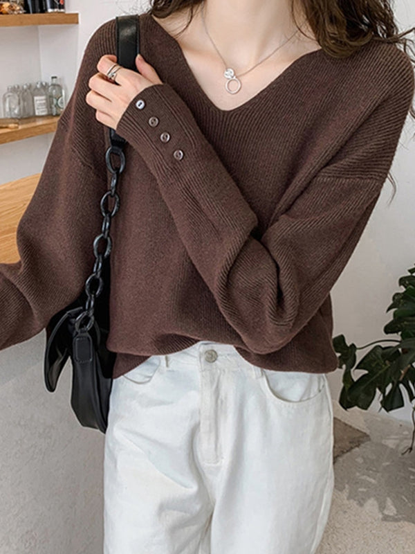 Long Sleeves Buttoned Solid Color V-Neck Knitwear Pullovers Sweater Tops