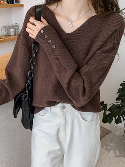 Long Sleeves Buttoned Solid Color V-Neck Knitwear Pullovers Sweater Tops