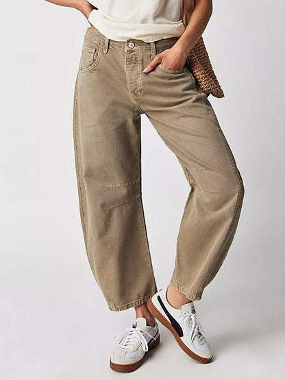 Washed Mid Rise Loose Barrel Jeans