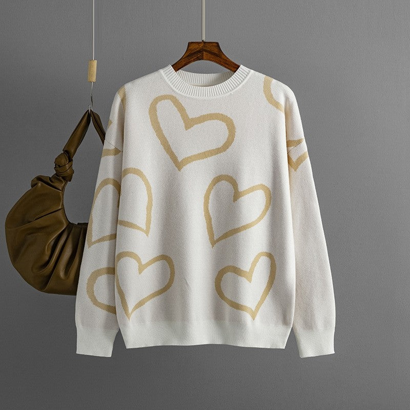 Round Neck Heart Print Contrast Sweater