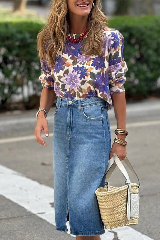 Vintage purple floral print loose-fitting knit top