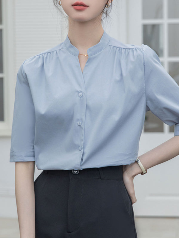 Half Sleeves Loose Buttoned Pleated Solid Color Split-Joint Stand Collar Blouses&Shirts Tops