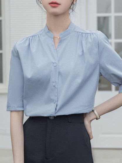 Half Sleeves Loose Buttoned Pleated Solid Color Split-Joint Stand Collar Blouses&Shirts Tops