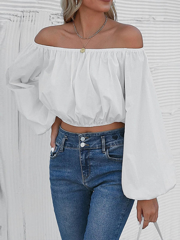 Long Sleeves Loose Elasticity Pleated Solid Color Off-The-Shoulder T-Shirts