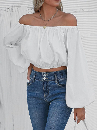 Long Sleeves Loose Elasticity Pleated Solid Color Off-The-Shoulder T-Shirts