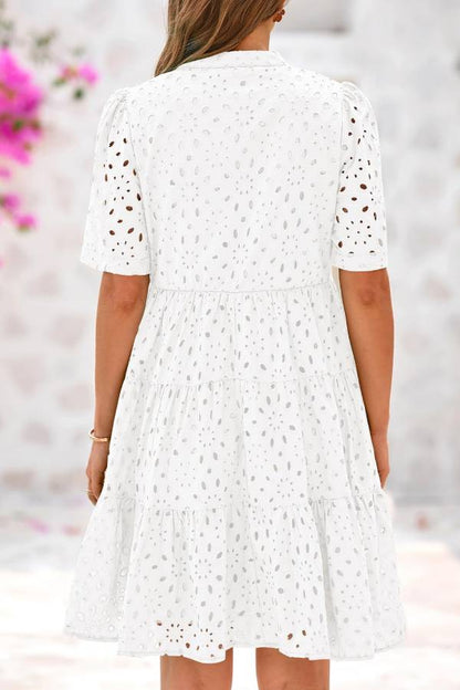 Women's V Neck Short Sleeve Hollow Out Mini Vacation Dress