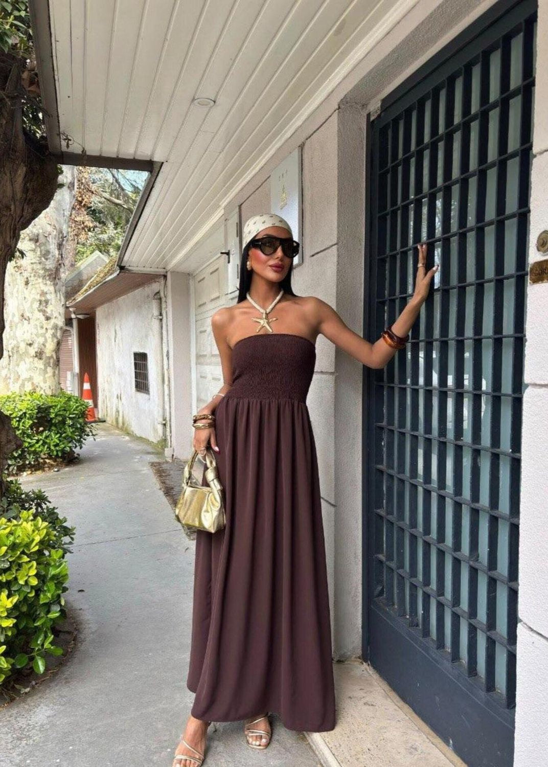 Strapless Smocked Polyester Maxi Dress Yellow