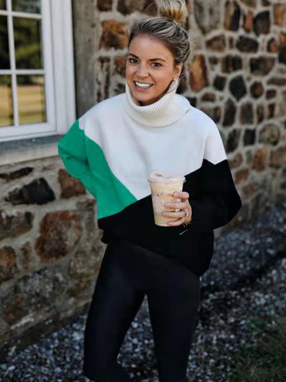 Original Loose Split-Joint Contrast Color High-Neck Long Sleeves Sweater Top