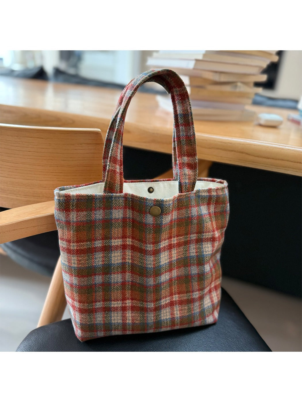 Cosbai - Canvas Shoulder Bag with Orange Plaid Patterns