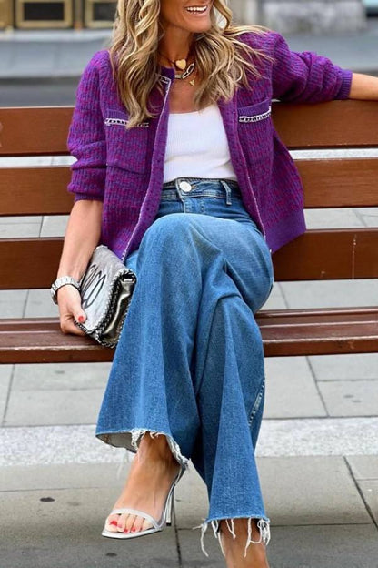 Retro Purple Chanel Style Metal Chain Knitted Cardigan