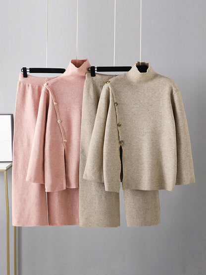 Urban Loose Buttoned Split-Front Solid Color High-Neck Sweater Tops &Wide Leg Pants Two Pieces Set