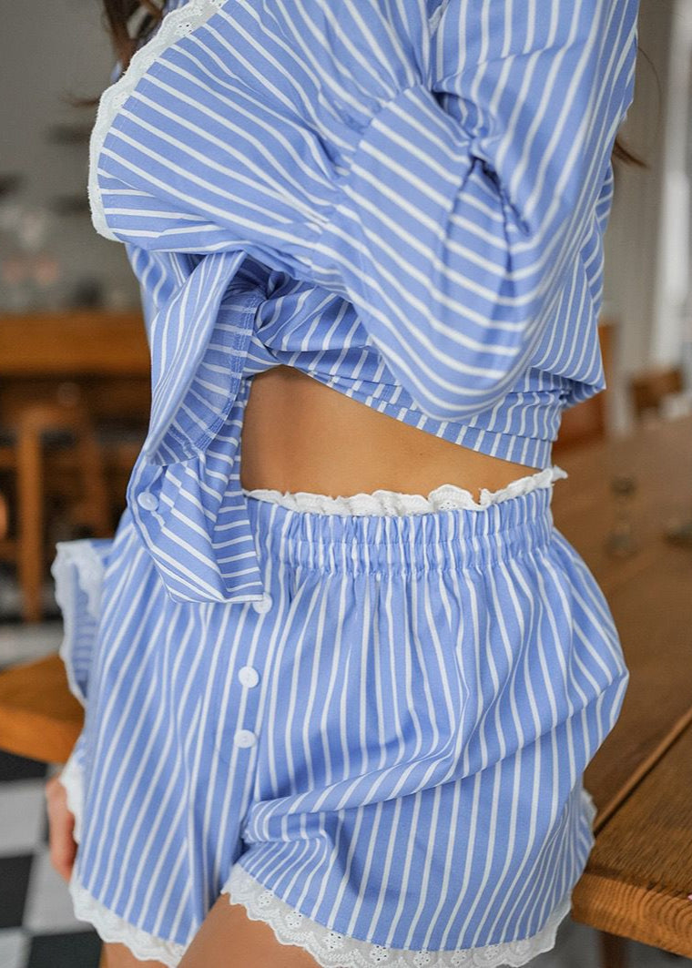 Blue Cotton Stripe Long Sleeve Shirt And Lace Trim Shorts Set