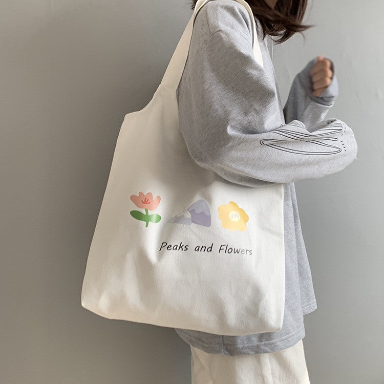 Hill And Flower Print Canvas Bag