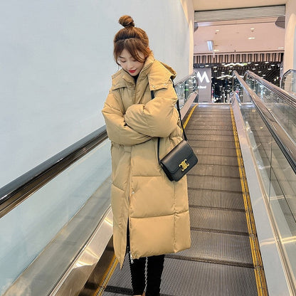 Solid Color Hooded Thickened Down Cotton Long Loose Coat