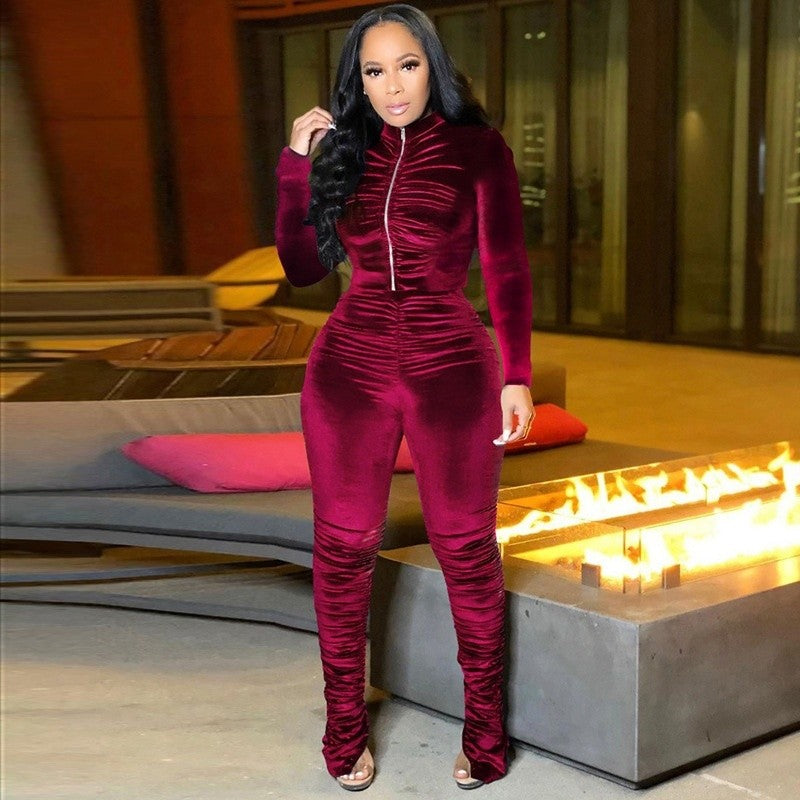 Pleated Solid Color Coat Pants Two Piece Set