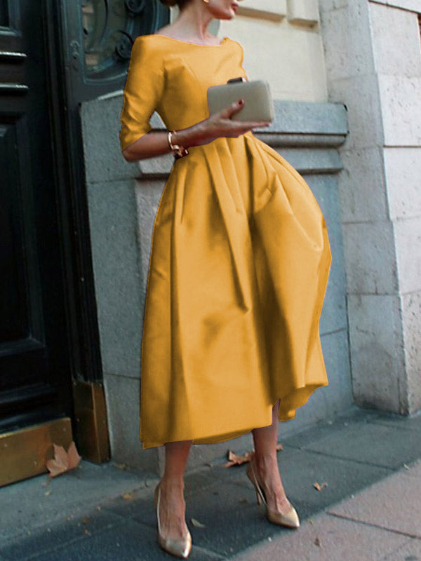 A-Line Loose Pleated Pockets Solid Color Split-Joint Round-Neck Midi Dresses