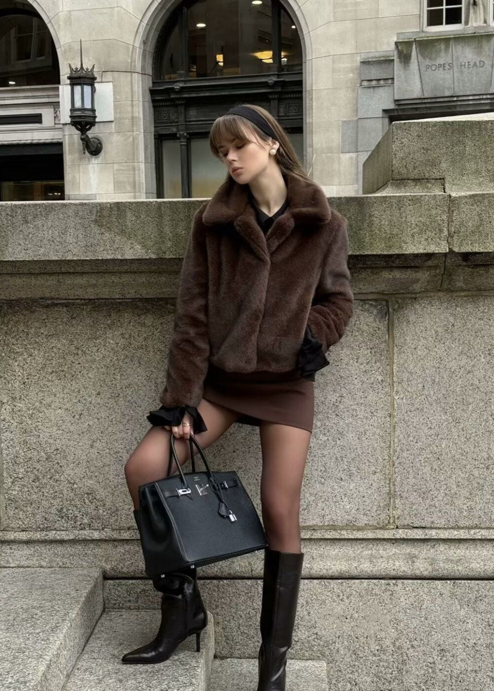 Short Coat Plush Faux Fur Dark Brown