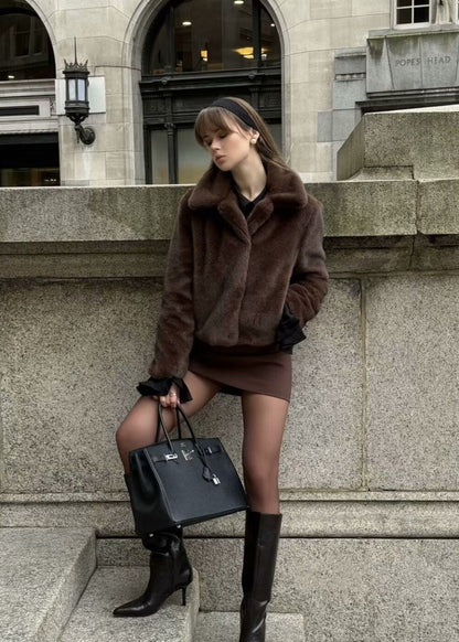 Short Coat Plush Faux Fur Dark Brown