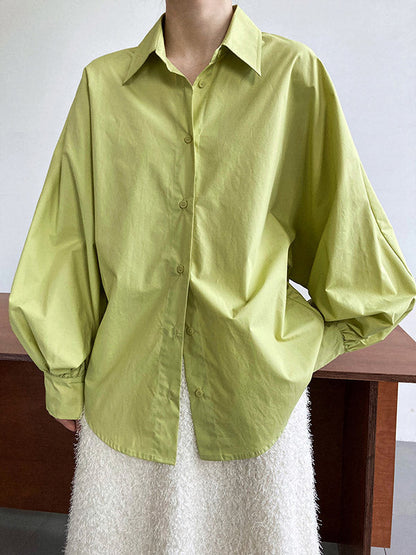 Long Sleeves Loose Buttoned Pleated Solid Color Lapel Blouses&Shirts Tops