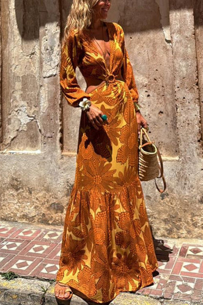 Sunflower Print Ring Cutout Waist Long Sleeve Maxi Dress