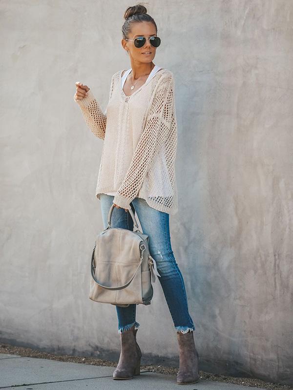 Hollow Solid Color V-Neck Knitting Sweater Tops