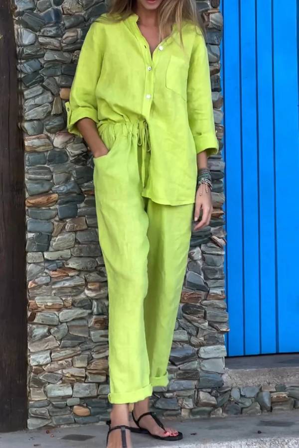 Casual Solid Color V-Neck Shirt \u0026 Pants Cotton Linen Two-Piece Set