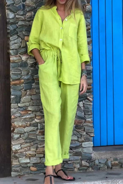 Casual Solid Color V-Neck Shirt \u0026 Pants Cotton Linen Two-Piece Set