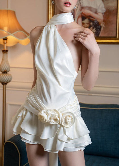 One Shoulder Satin Mini Dress with Layered Skirt