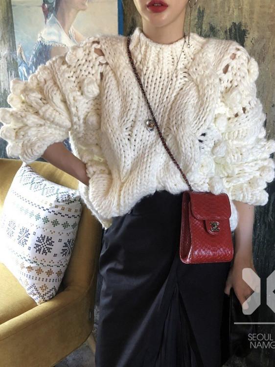 Women'S Sweaters Hollow Out Loose Knitted Lantern Sleeve O-Neck Solid   Female Autumn Warm Ladies Pullovers