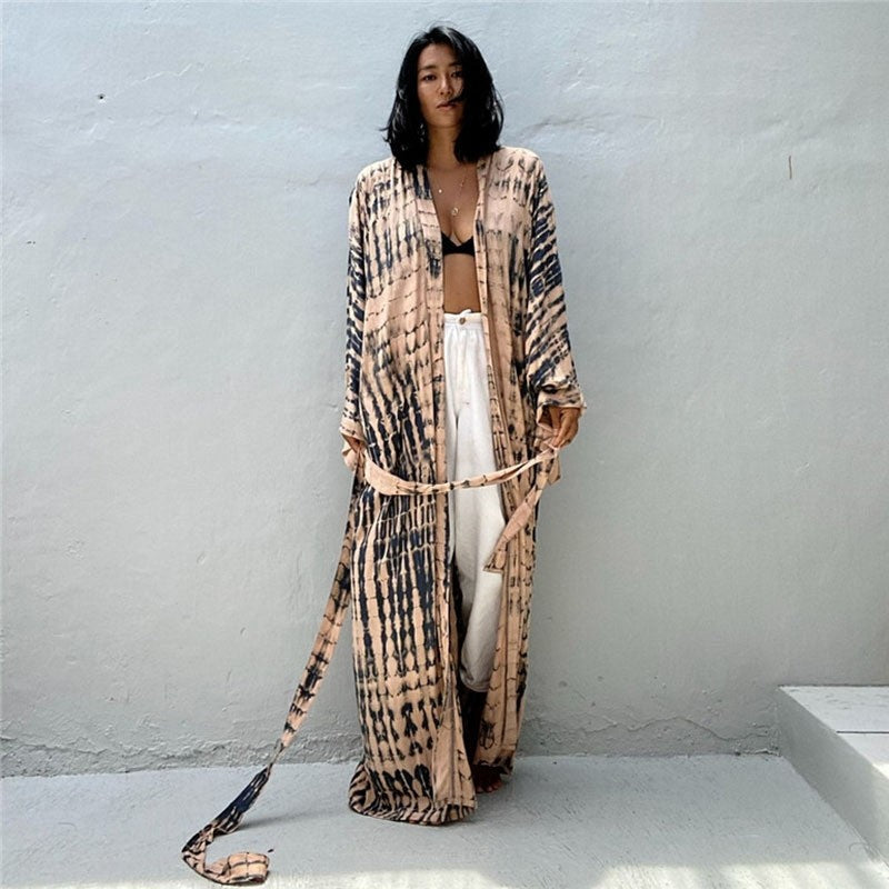 Long Sleeve Printing Waist Tied Casual Loose Long Cardigan Beach Bikini Cover-Up