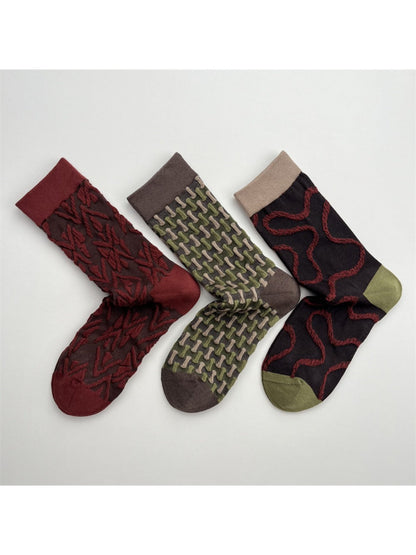 Rufia - Geometric Pattern Color-Block Mid-Crew Socks